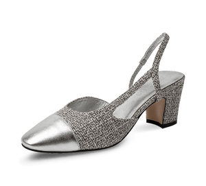 Two Tone Silver Toe Block Heel Slingback Sandals - Kaitlyn Pan Shoes